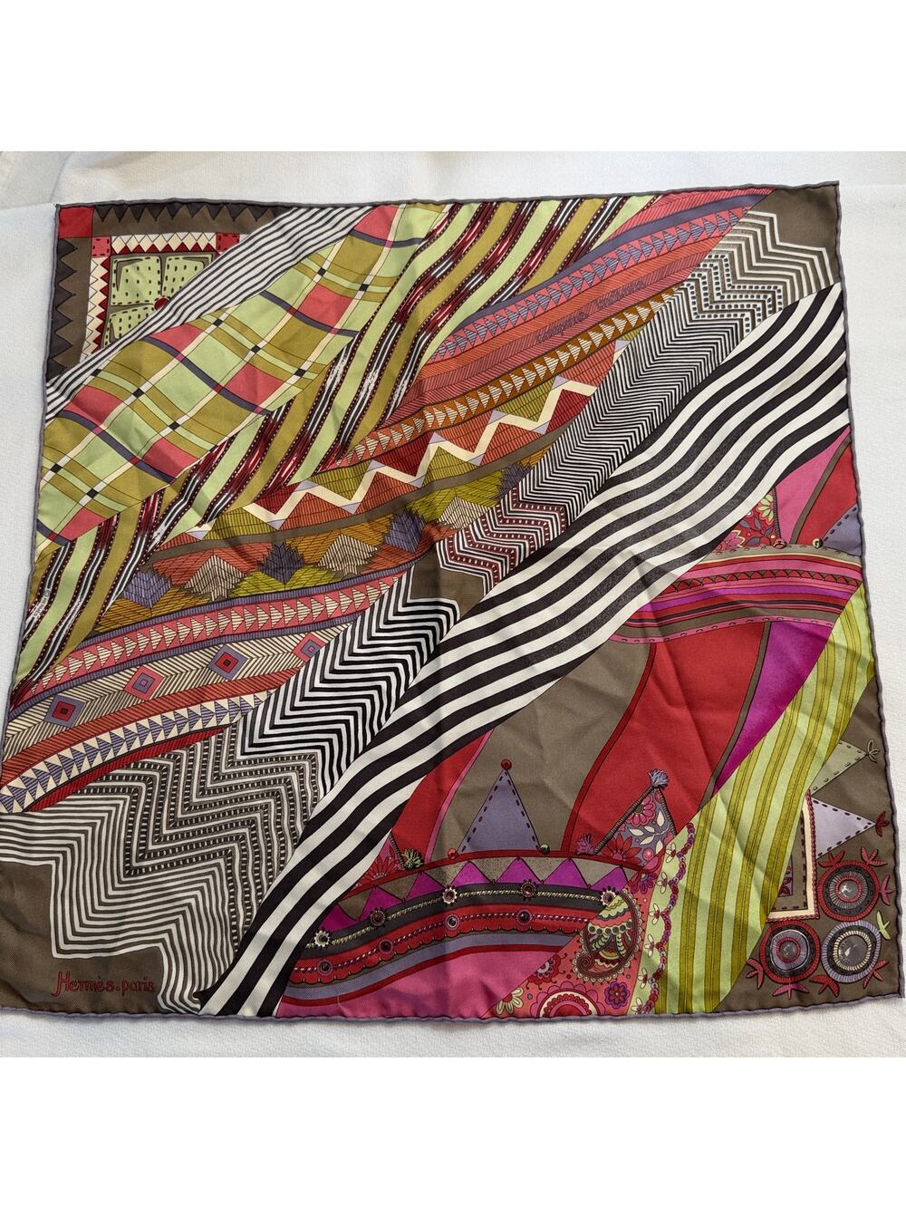 Hermes Paris "Coupons Indiens" 100% Silk Vintage Rolled Edge Pocket Square Brown